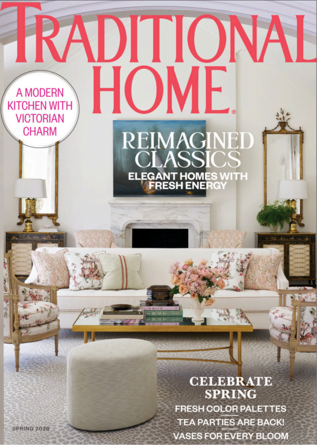 Cover of 'Traditional Home' magazine featuring a living room with elegant decor.